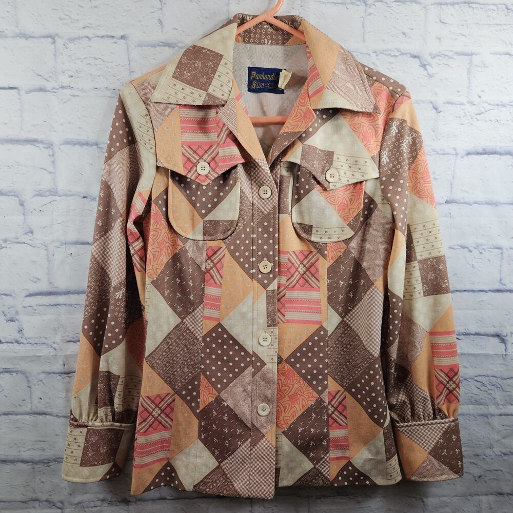 Vintage 70s Panhandle Slim Western Shirt Womens Quilt Patch Look Poly/Silk Sz 12